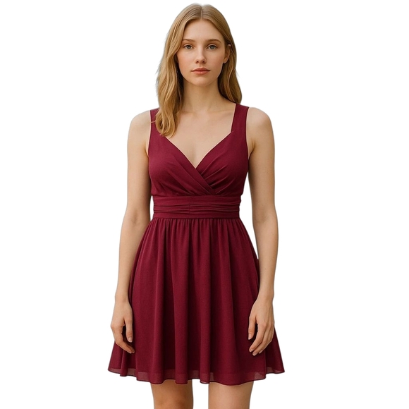 Lavender Brown Burgundy V-Neck Fit & Flare Mini Dress Small NWT - Picture 1 of 9